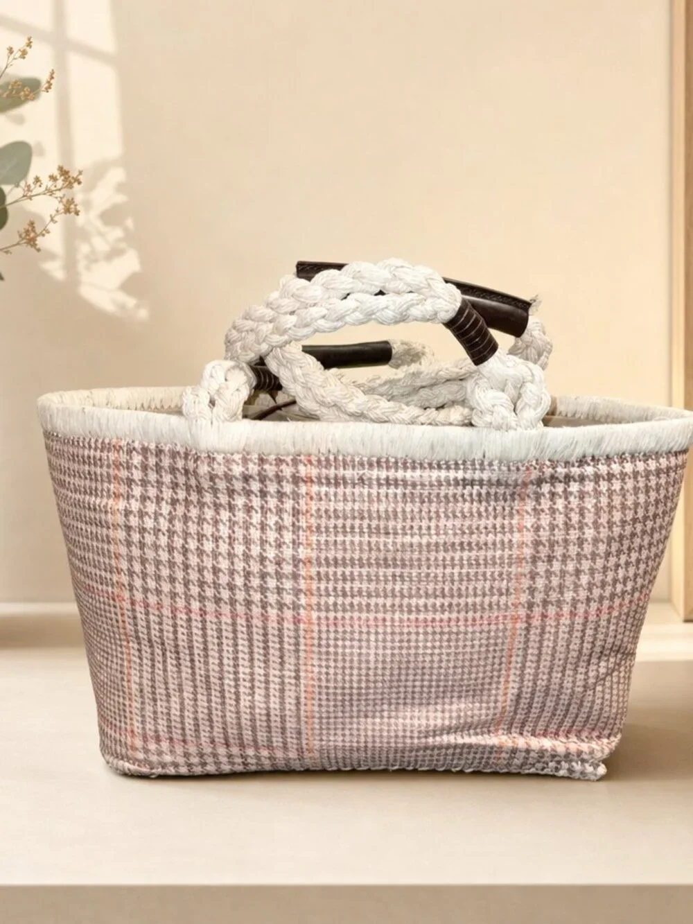Ralph Lauren Jute Woven Pink Plaid Tote Bag Summer Beach